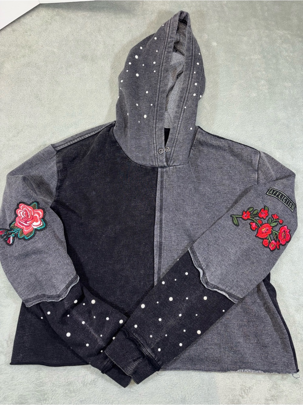 Affliction Standard Series Y2K Grunge Split Panel Rose Cropped Hoodie XL